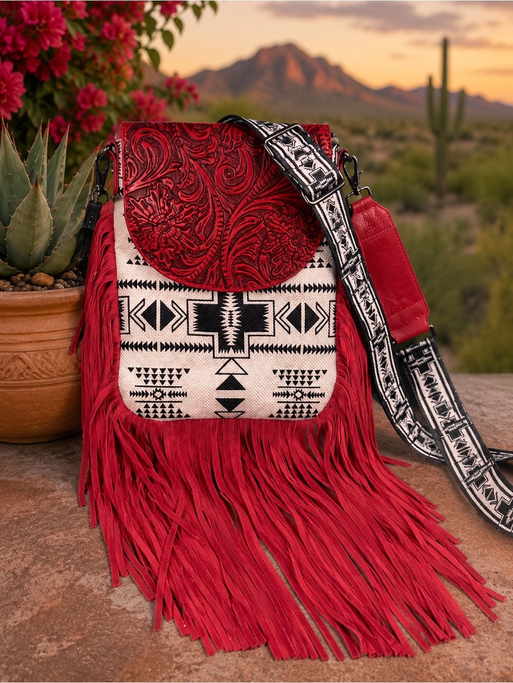 NEW Montana West Aztec Crossbody Bag Fringe Western Canvas Red Tooled Leather